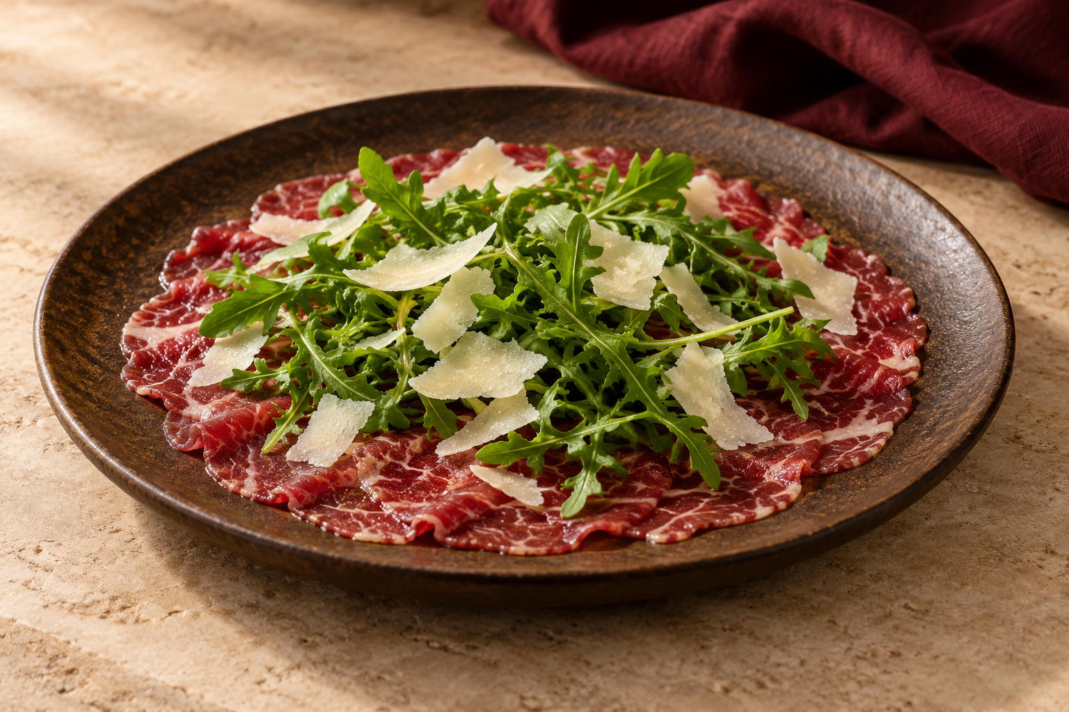 Carpaccio de vaca madurada con queso de oveja y rúcula