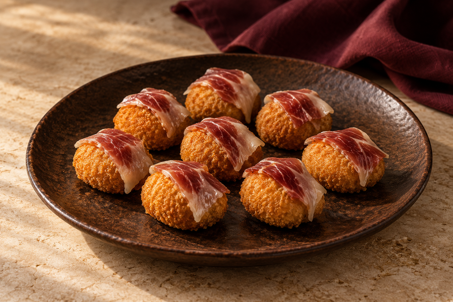 Croquetas de gamba roja con velo de panceta ibérica de bellota